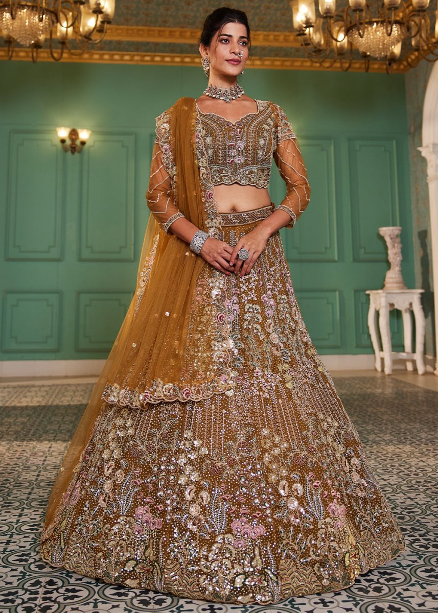 Mustard Yellow Net Lehenga Choli with Coding & Zarkan Work - House of Sarvati LLC