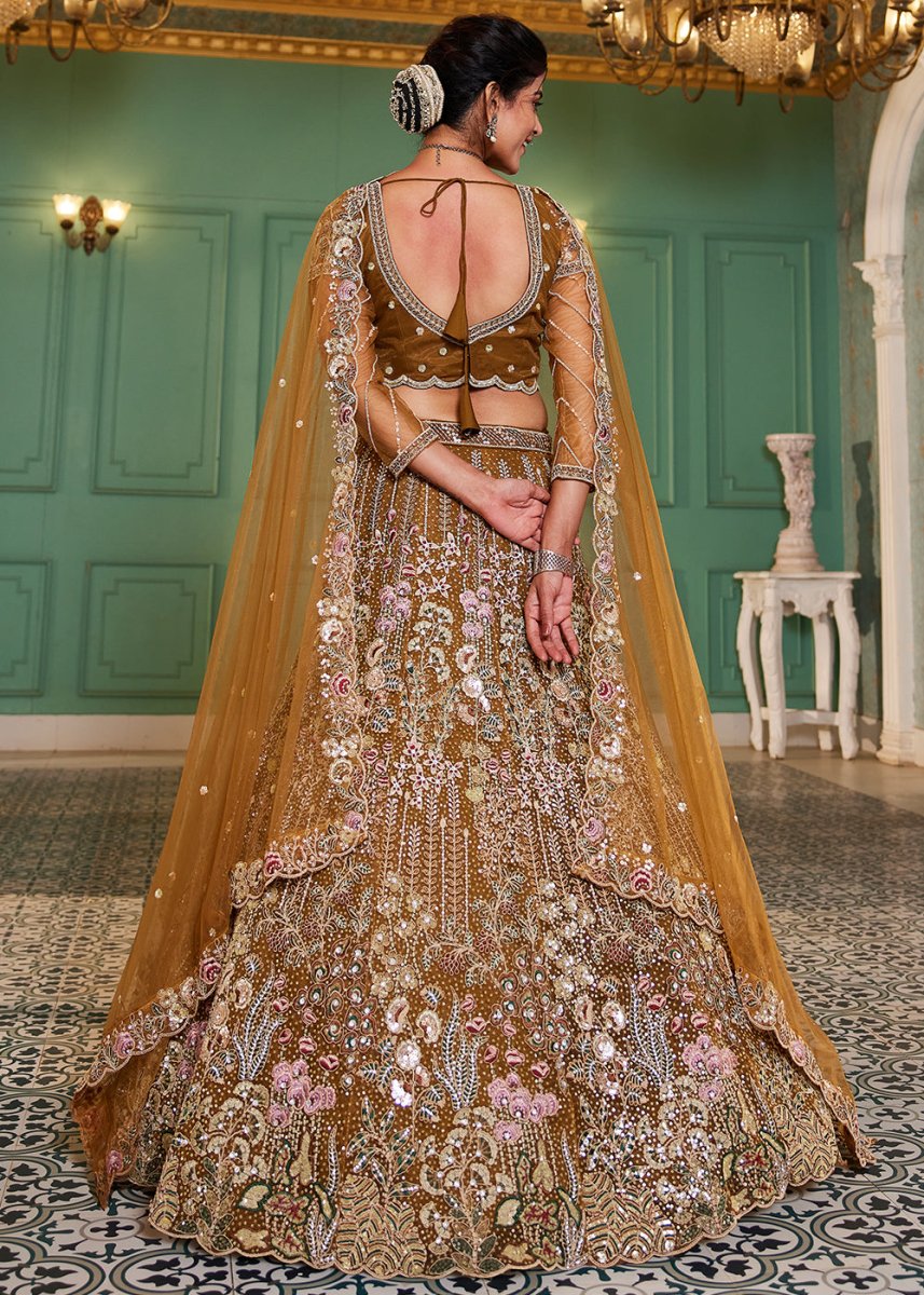 Mustard Yellow Net Lehenga Choli with Coding & Zarkan Work - House of Sarvati LLC