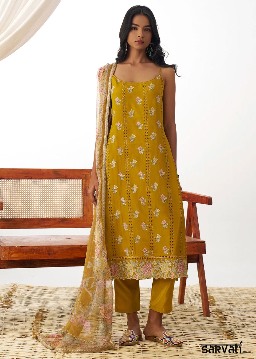Mustard Yellow Organza Salwar Suit with Floral Embroidery work - House of Sarvati LLC
