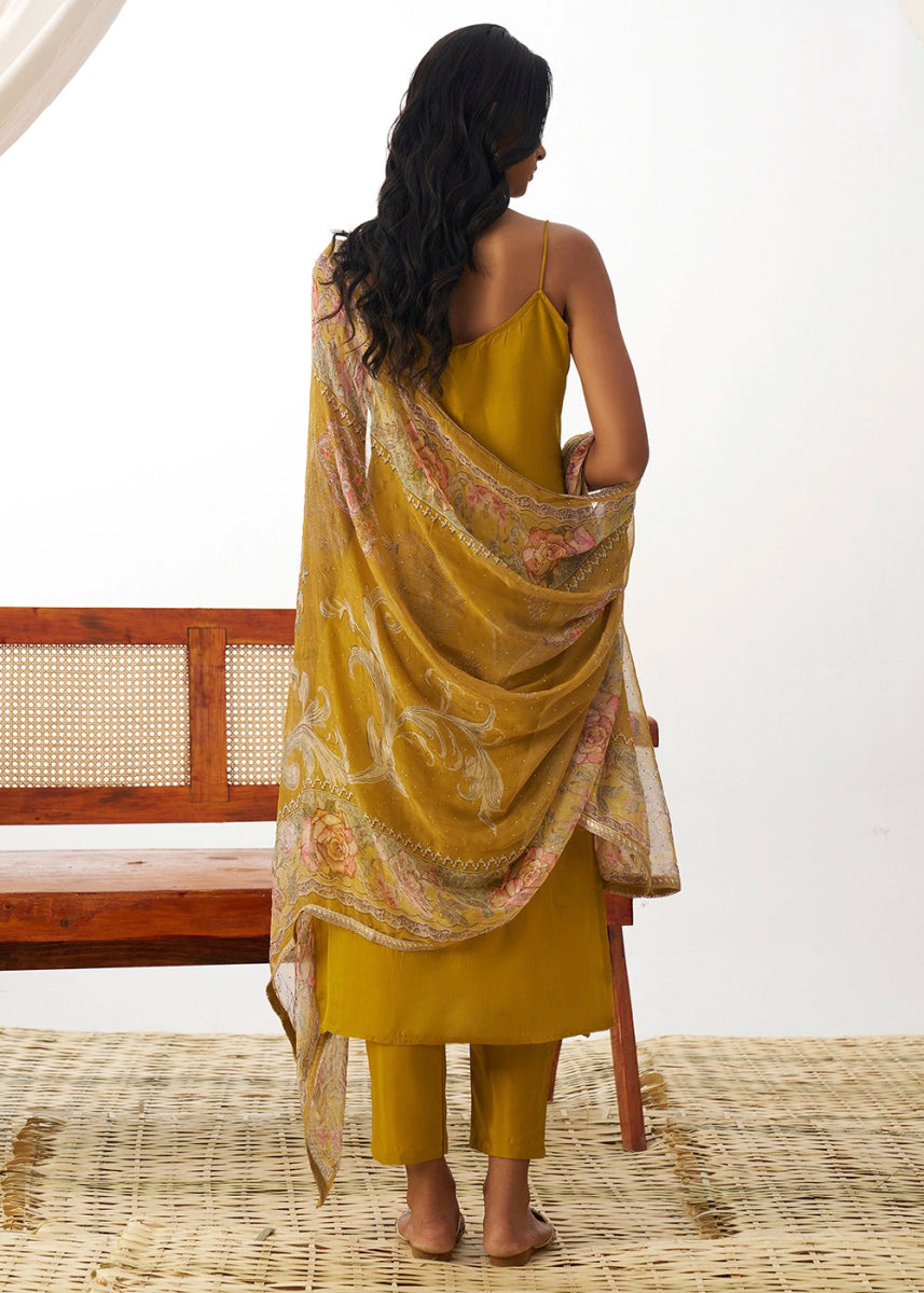 Mustard Yellow Organza Salwar Suit with Floral Embroidery work - House of Sarvati LLC