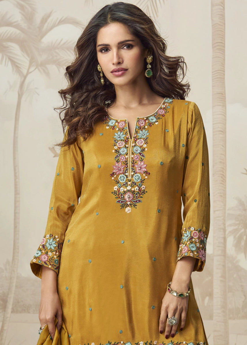 Mustard Yellow Organza Silk Palazzo Set with Pastel Floral Embroidery - House of Sarvati LLC