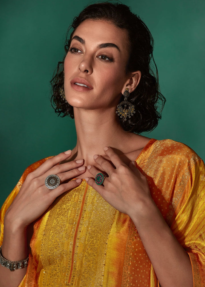 Mustard Yellow Printed Bandhani Viscose Silk Kaftan Set with Handcrafted Details - House of Sarvati LLC