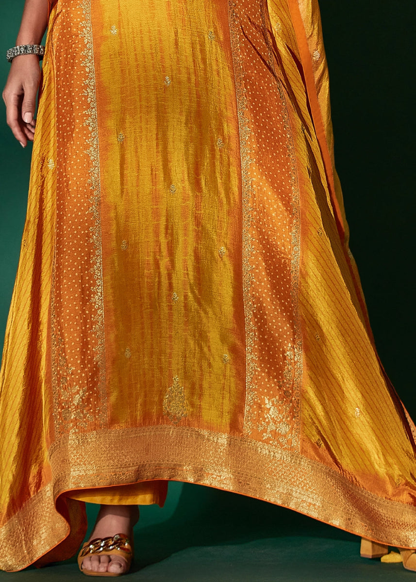Mustard Yellow Printed Bandhani Viscose Silk Kaftan Set with Handcrafted Details - House of Sarvati LLC