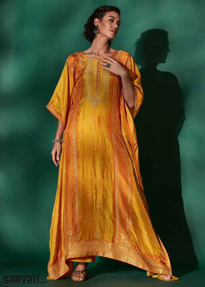 Mustard Yellow Printed Bandhani Viscose Silk Kaftan Set with Handcrafted Details - House of Sarvati LLC