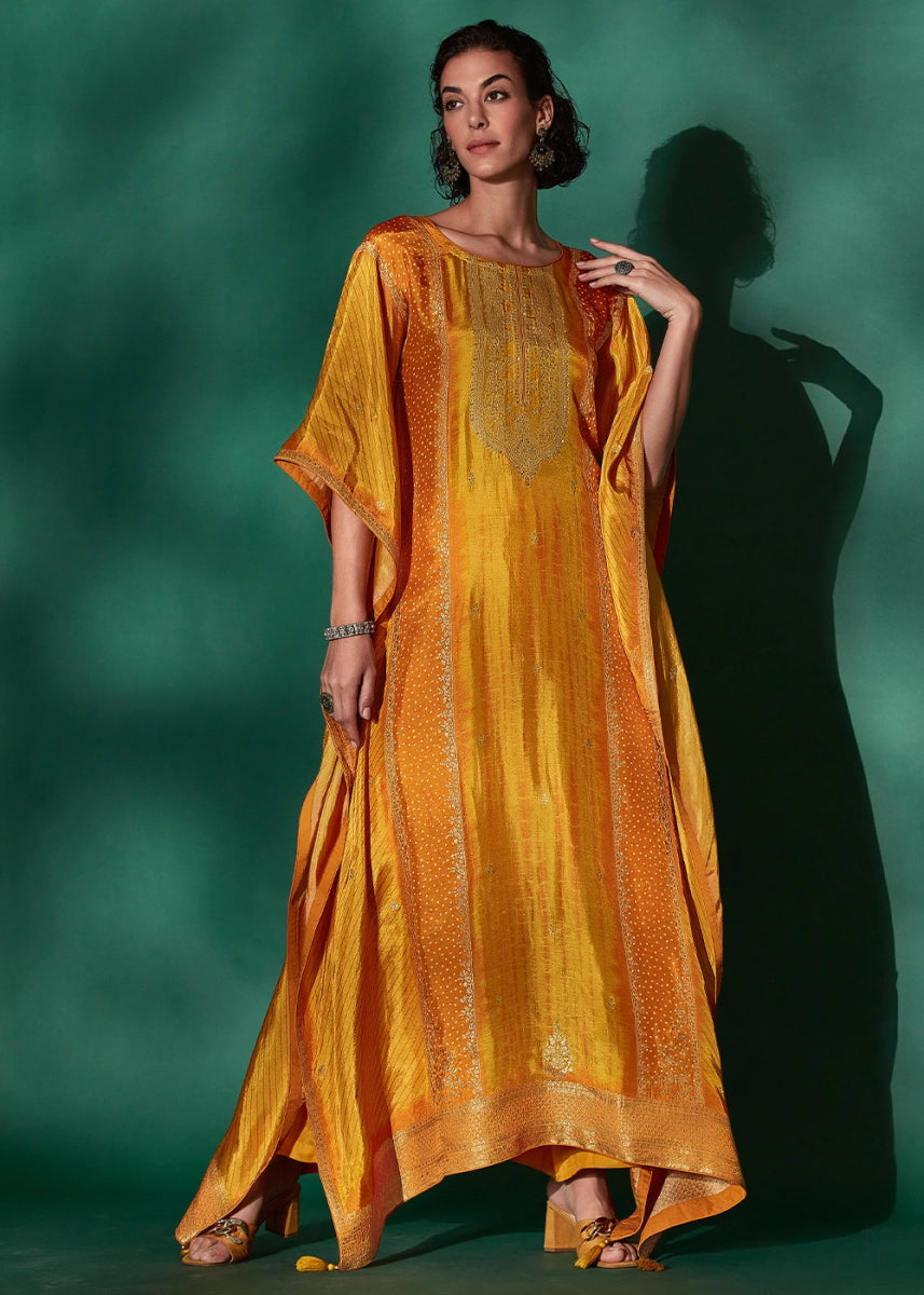 Mustard Yellow Printed Bandhani Viscose Silk Kaftan Set with Handcrafted Details - House of Sarvati LLC