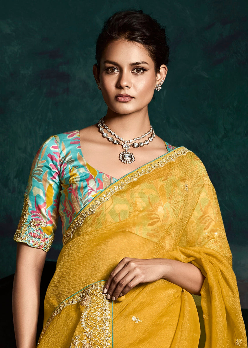 Mustard Yellow Tissue Saree with Dhaga,Thread & Sequin Embellishments - House of Sarvati LLC