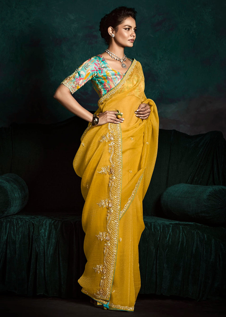 Mustard Yellow Tissue Saree with Dhaga,Thread & Sequin Embellishments - House of Sarvati LLC