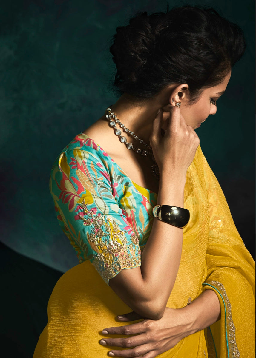 Mustard Yellow Tissue Saree with Dhaga,Thread & Sequin Embellishments - House of Sarvati LLC