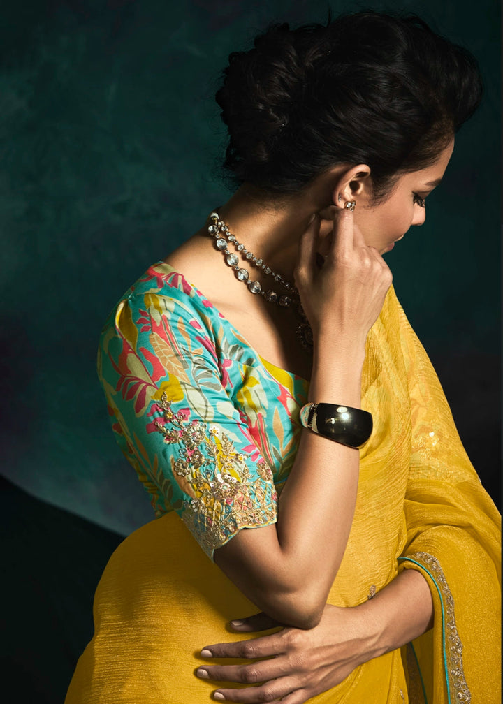 Mustard Yellow Tissue Saree with Dhaga,Thread & Sequin Embellishments - House of Sarvati LLC