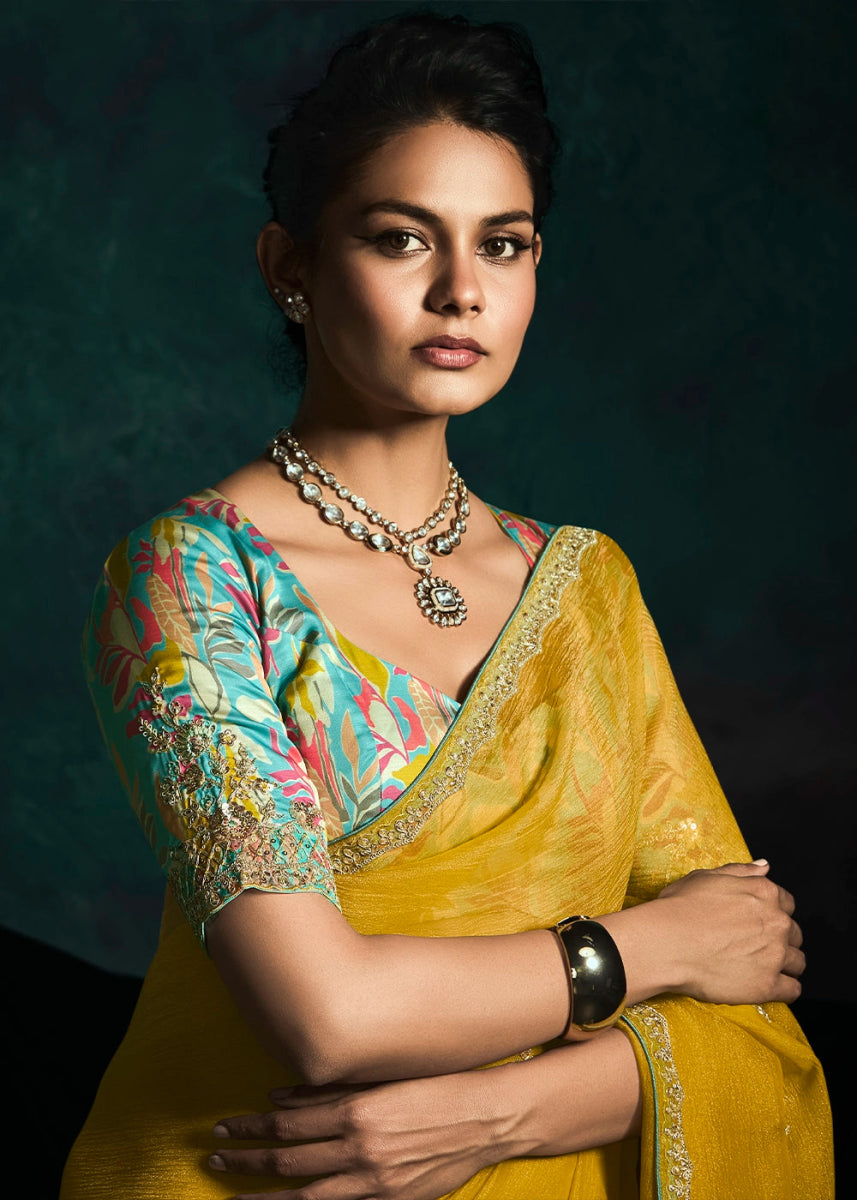 Mustard Yellow Tissue Saree with Dhaga,Thread & Sequin Embellishments - House of Sarvati LLC
