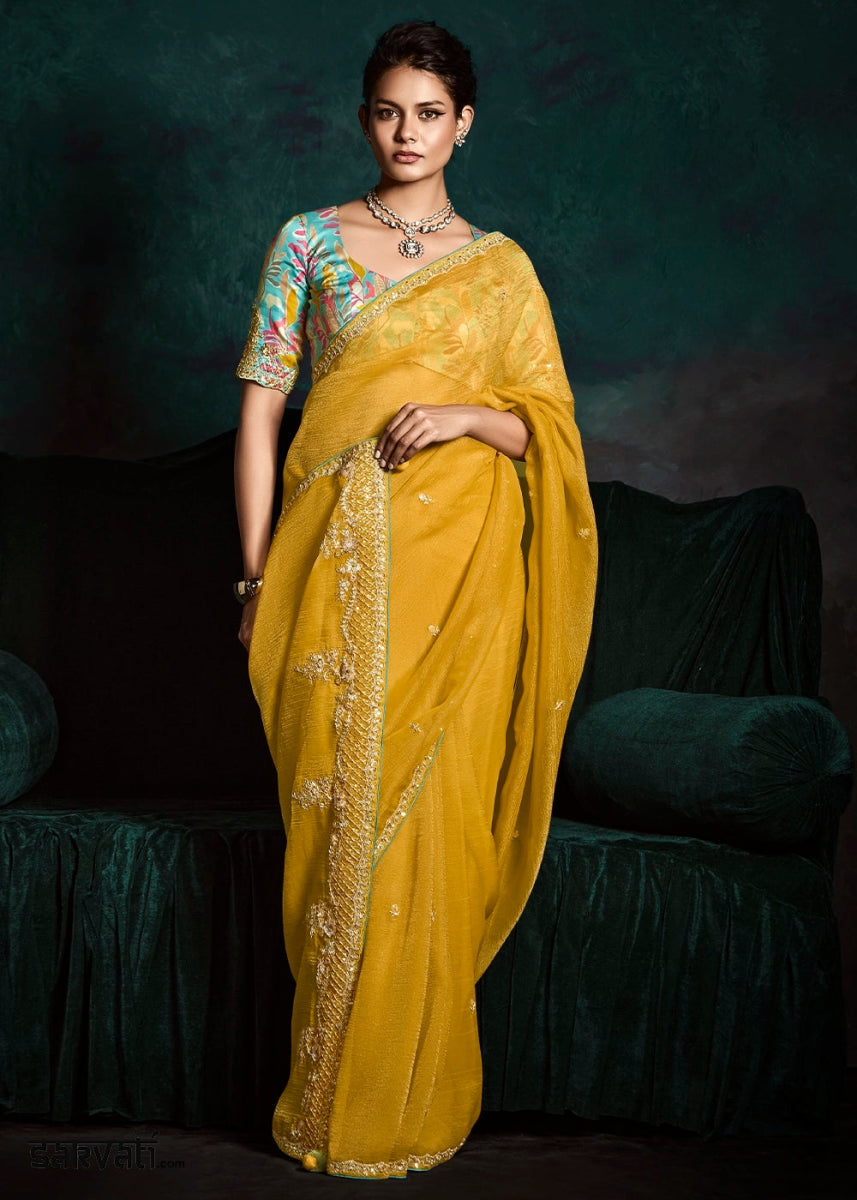 Mustard Yellow Tissue Saree with Dhaga,Thread & Sequin Embellishments - House of Sarvati LLC