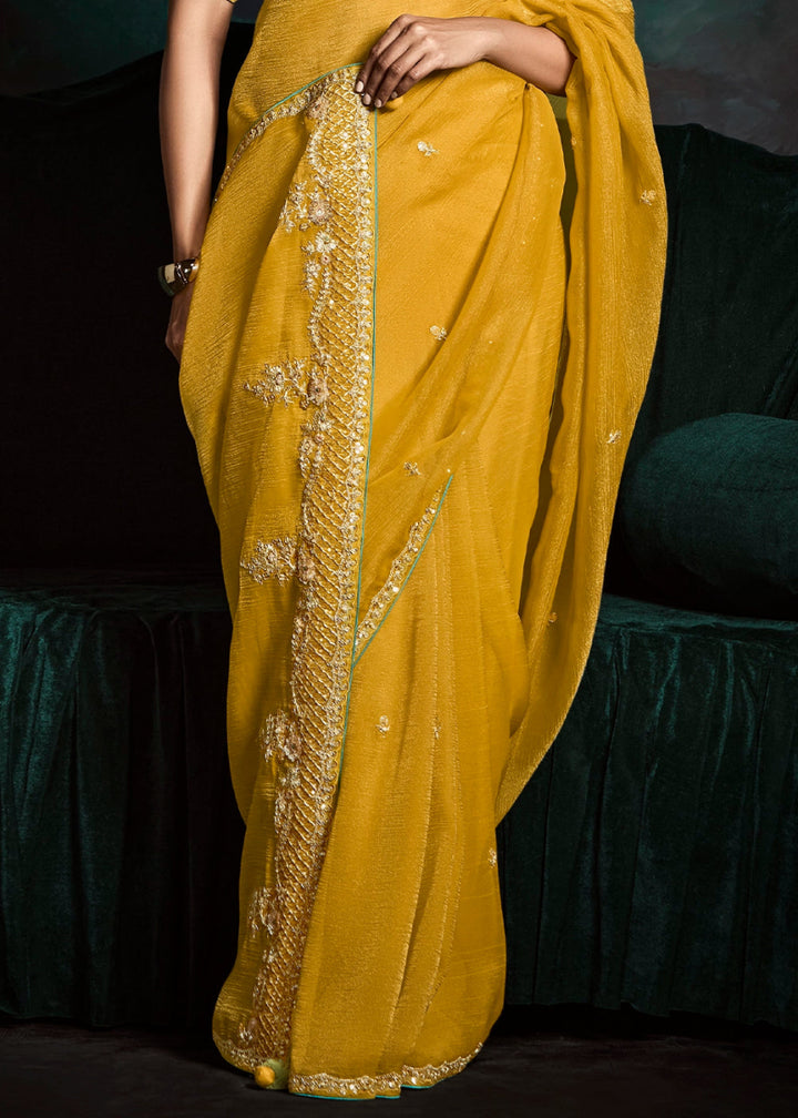 Mustard Yellow Tissue Saree with Dhaga,Thread & Sequin Embellishments - House of Sarvati LLC