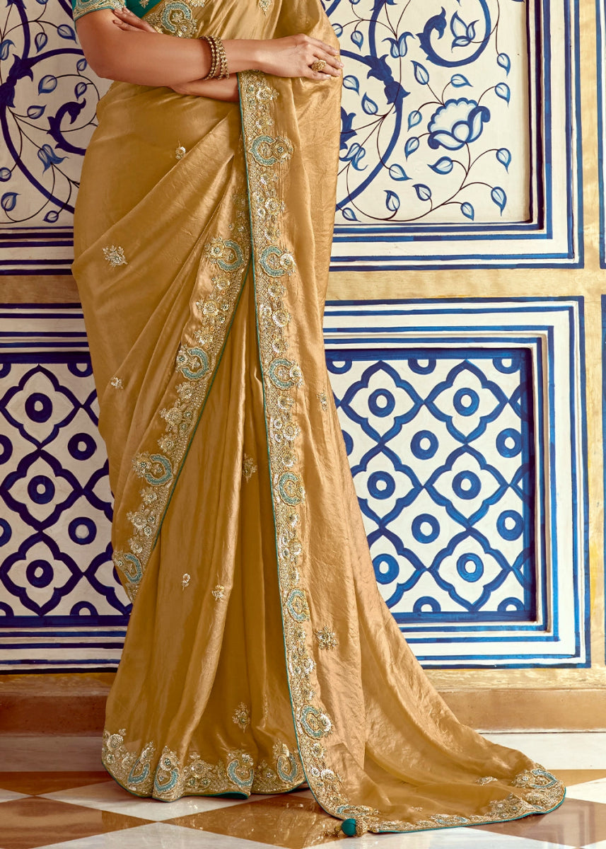 Mustard Yellow Tissue Silk Saree Beautified with Intricate Thread Embroidery And Sequin Accents - House of Sarvati LLC