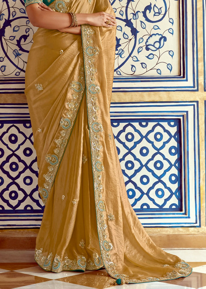 Mustard Yellow Tissue Silk Saree Beautified with Intricate Thread Embroidery And Sequin Accents - House of Sarvati LLC