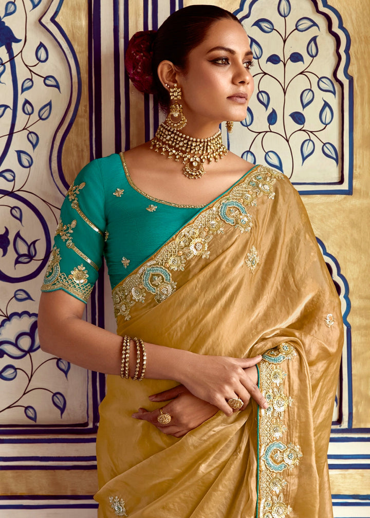 Mustard Yellow Tissue Silk Saree Beautified with Intricate Thread Embroidery And Sequin Accents - House of Sarvati LLC