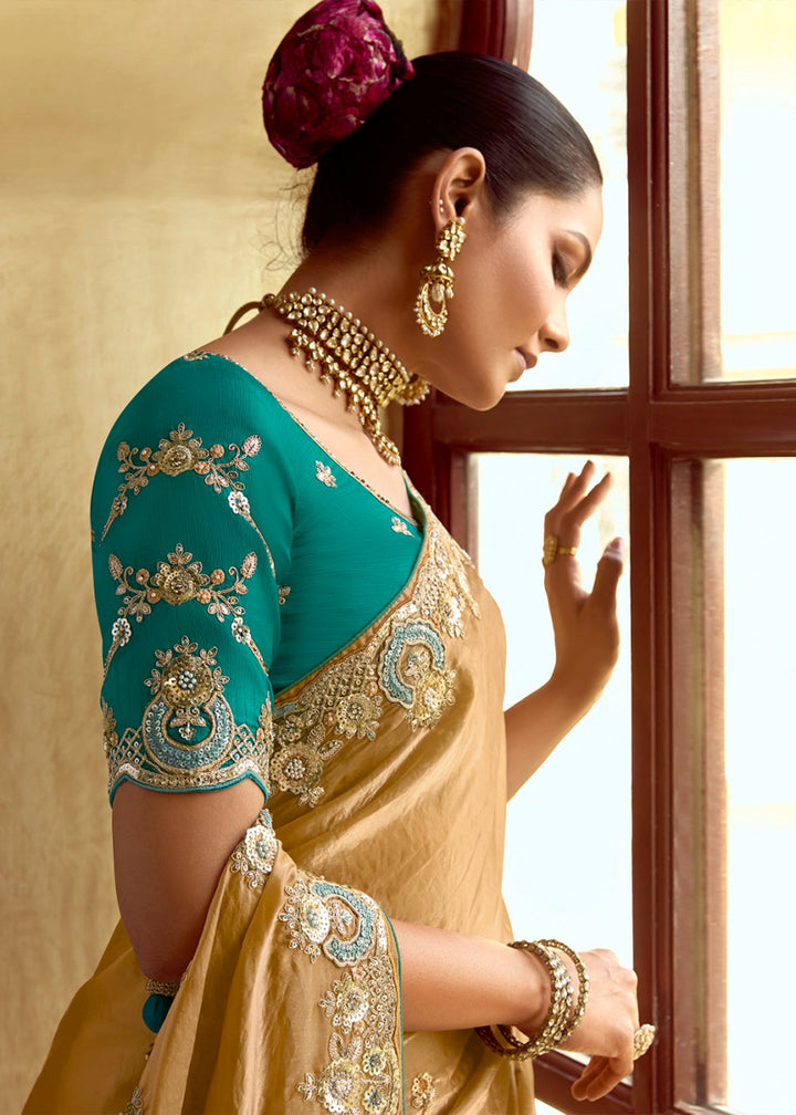 Mustard Yellow Tissue Silk Saree Beautified with Intricate Thread Embroidery And Sequin Accents - House of Sarvati LLC
