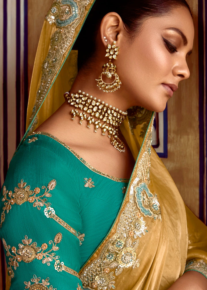 Mustard Yellow Tissue Silk Saree Beautified with Intricate Thread Embroidery And Sequin Accents - House of Sarvati LLC