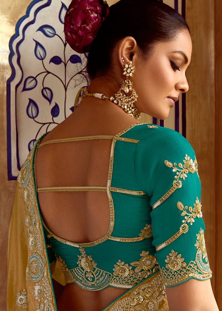 Mustard Yellow Tissue Silk Saree Beautified with Intricate Thread Embroidery And Sequin Accents - House of Sarvati LLC