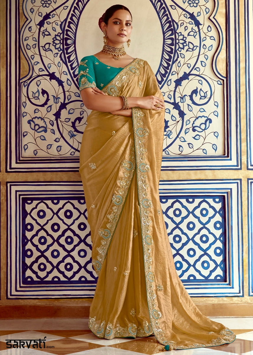 Mustard Yellow Tissue Silk Saree Beautified with Intricate Thread Embroidery And Sequin Accents - House of Sarvati LLC