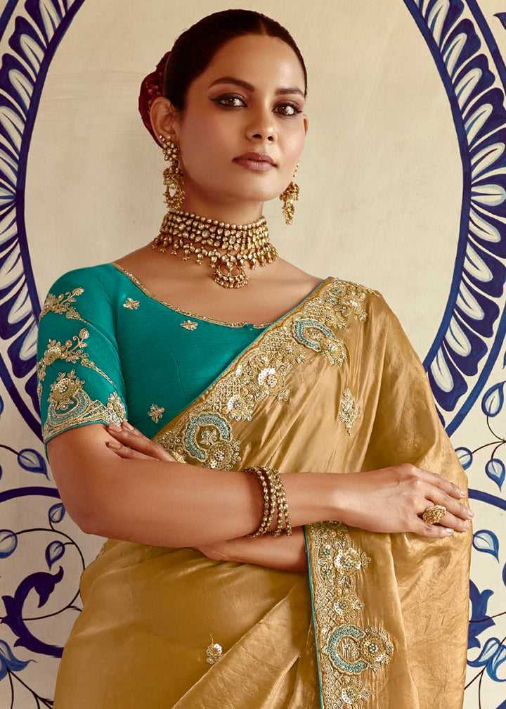 Mustard Yellow Tissue Silk Saree Beautified with Intricate Thread Embroidery And Sequin Accents - House of Sarvati LLC