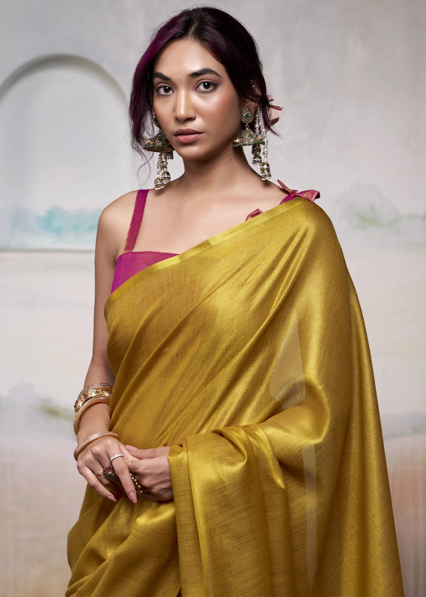 Mustard Yellow Tissue Silk Saree with Elegant Contrast Blouse Combination - House of Sarvati LLC