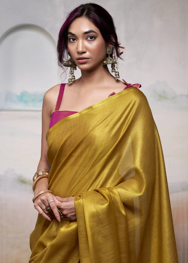 Mustard Yellow Tissue Silk Saree with Elegant Contrast Blouse Combination - House of Sarvati LLC