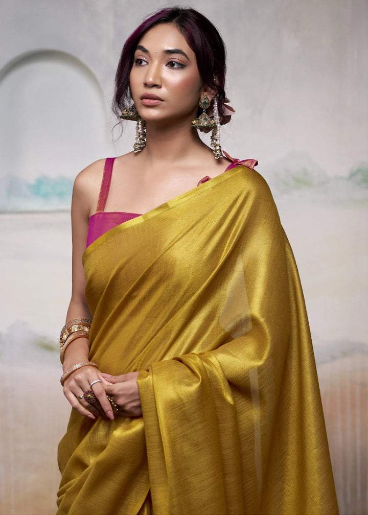 Mustard Yellow Tissue Silk Saree with Elegant Contrast Blouse Combination - House of Sarvati LLC