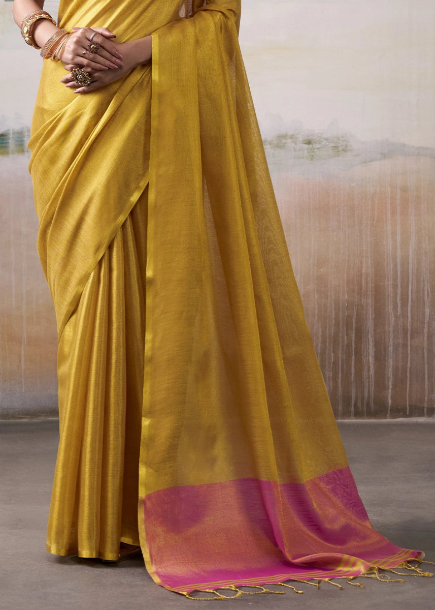 Mustard Yellow Tissue Silk Saree with Elegant Contrast Blouse Combination - House of Sarvati LLC