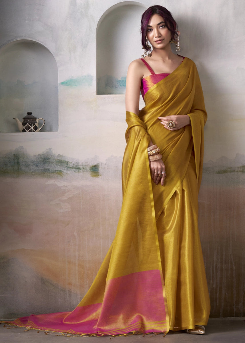 Mustard Yellow Tissue Silk Saree with Elegant Contrast Blouse Combination - House of Sarvati LLC