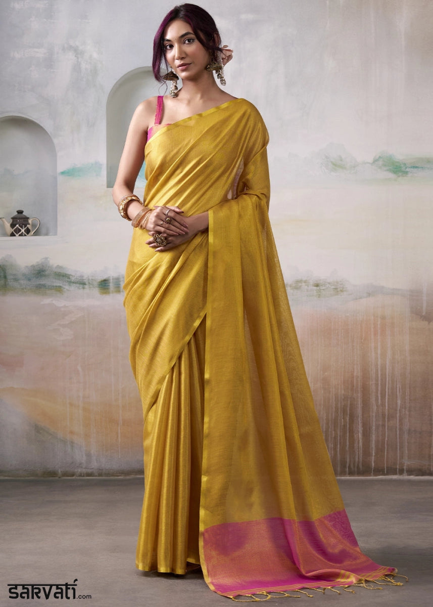 Mustard Yellow Tissue Silk Saree with Elegant Contrast Blouse Combination - House of Sarvati LLC