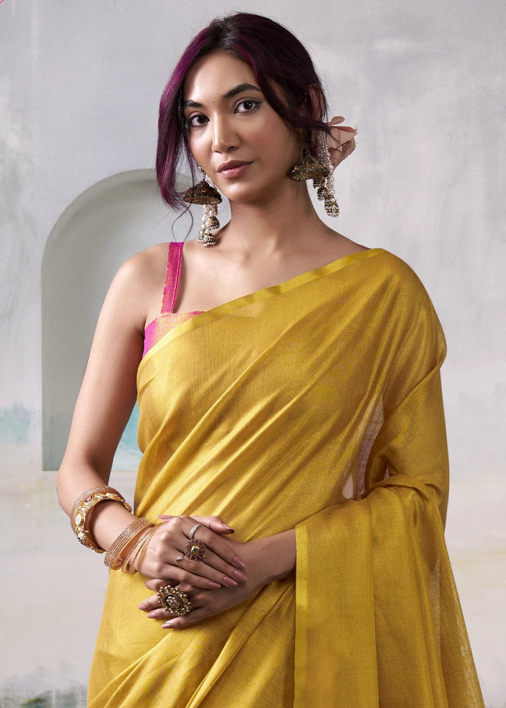 Mustard Yellow Tissue Silk Saree with Elegant Contrast Blouse Combination - House of Sarvati LLC