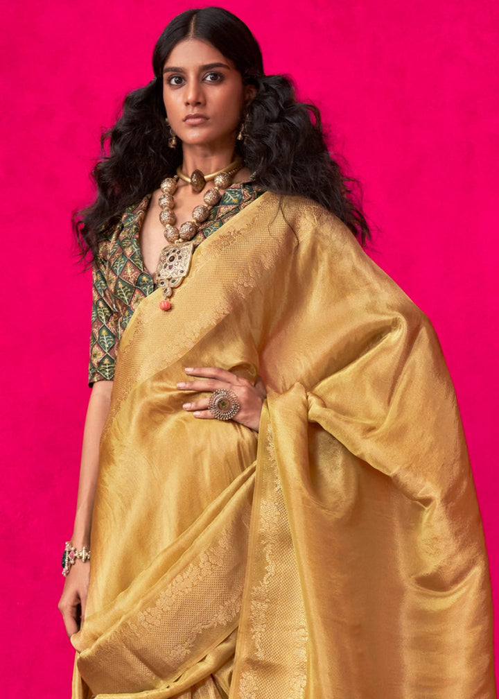 Mustard Yellow Tissue Silk Saree with Zari Weaving - House of Sarvati LLC