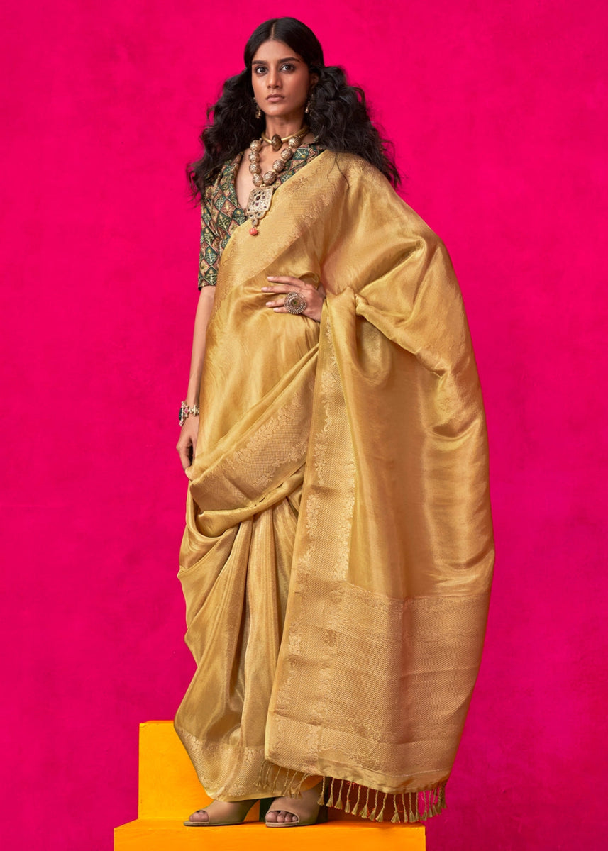 Mustard Yellow Tissue Silk Saree with Zari Weaving - House of Sarvati LLC