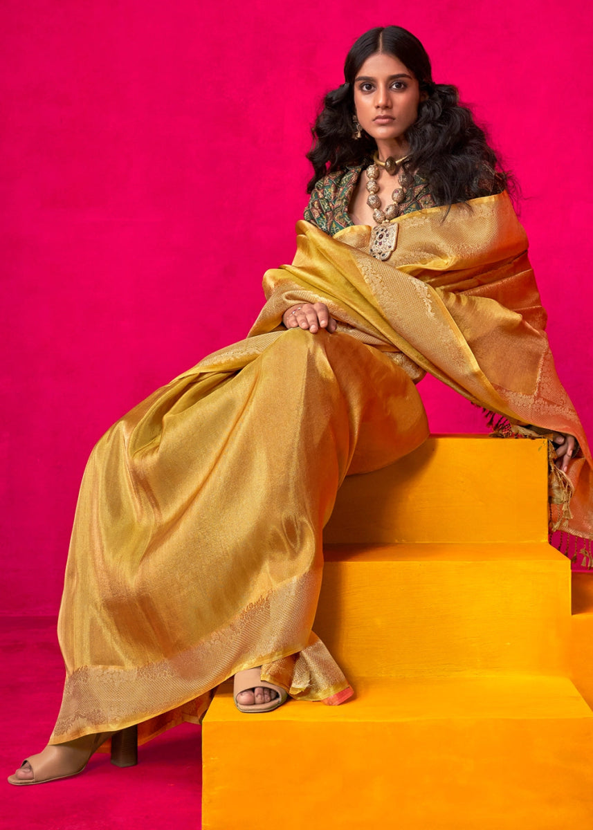 Mustard Yellow Tissue Silk Saree with Zari Weaving - House of Sarvati LLC