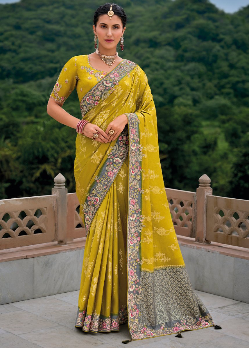 Mustard Yellow Viscose Silk Saree with Intricate Cutwork & Embroidery - House of Sarvati LLC