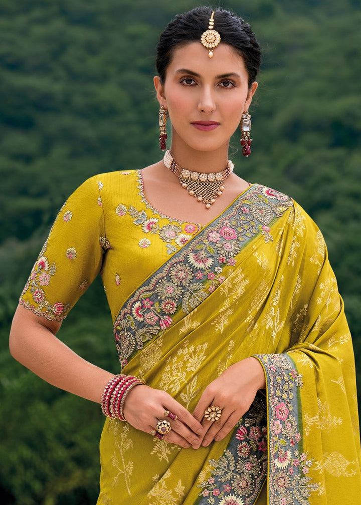 Mustard Yellow Viscose Silk Saree with Intricate Cutwork & Embroidery - House of Sarvati LLC
