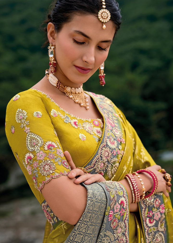 Mustard Yellow Viscose Silk Saree with Intricate Cutwork & Embroidery - House of Sarvati LLC