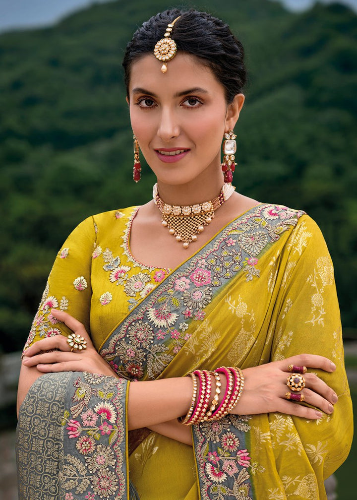 Mustard Yellow Viscose Silk Saree with Intricate Cutwork & Embroidery - House of Sarvati LLC