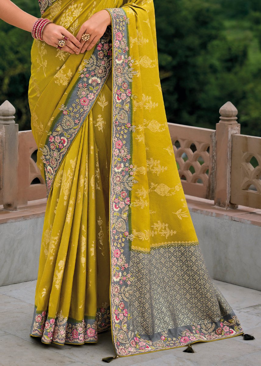Mustard Yellow Viscose Silk Saree with Intricate Cutwork & Embroidery - House of Sarvati LLC