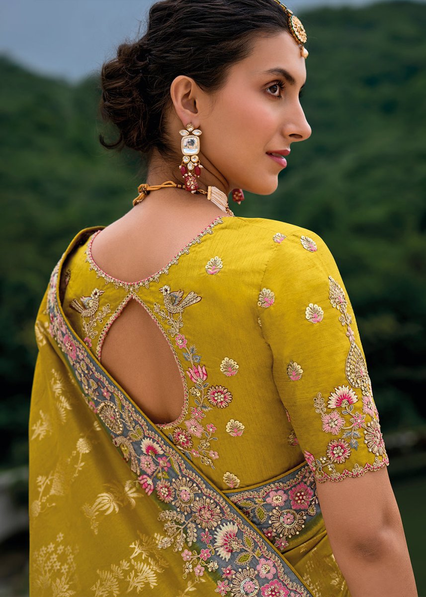 Mustard Yellow Viscose Silk Saree with Intricate Cutwork & Embroidery - House of Sarvati LLC