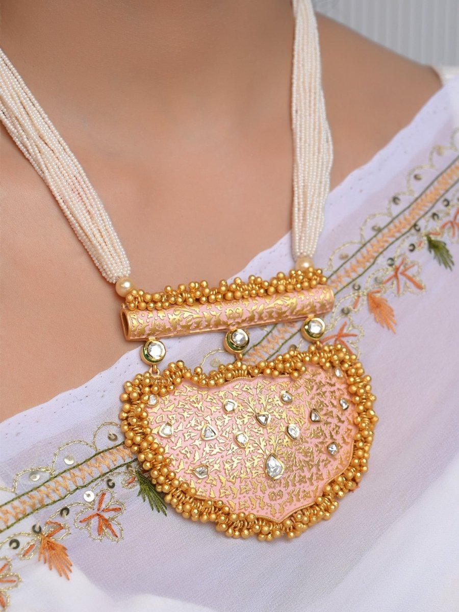 Naazneen Baby Pink Meenakari Pendant Set - House of Sarvati LLC