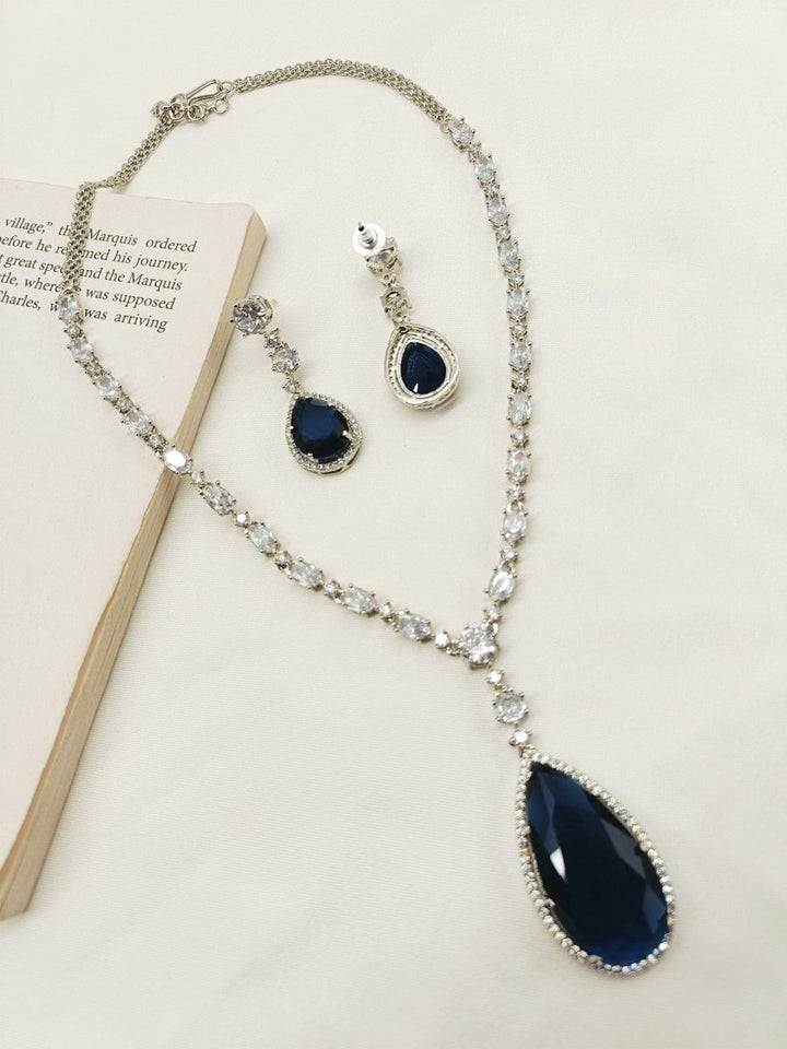 Navika Navy Blue American Diamond Necklace Set - House of Sarvati LLC