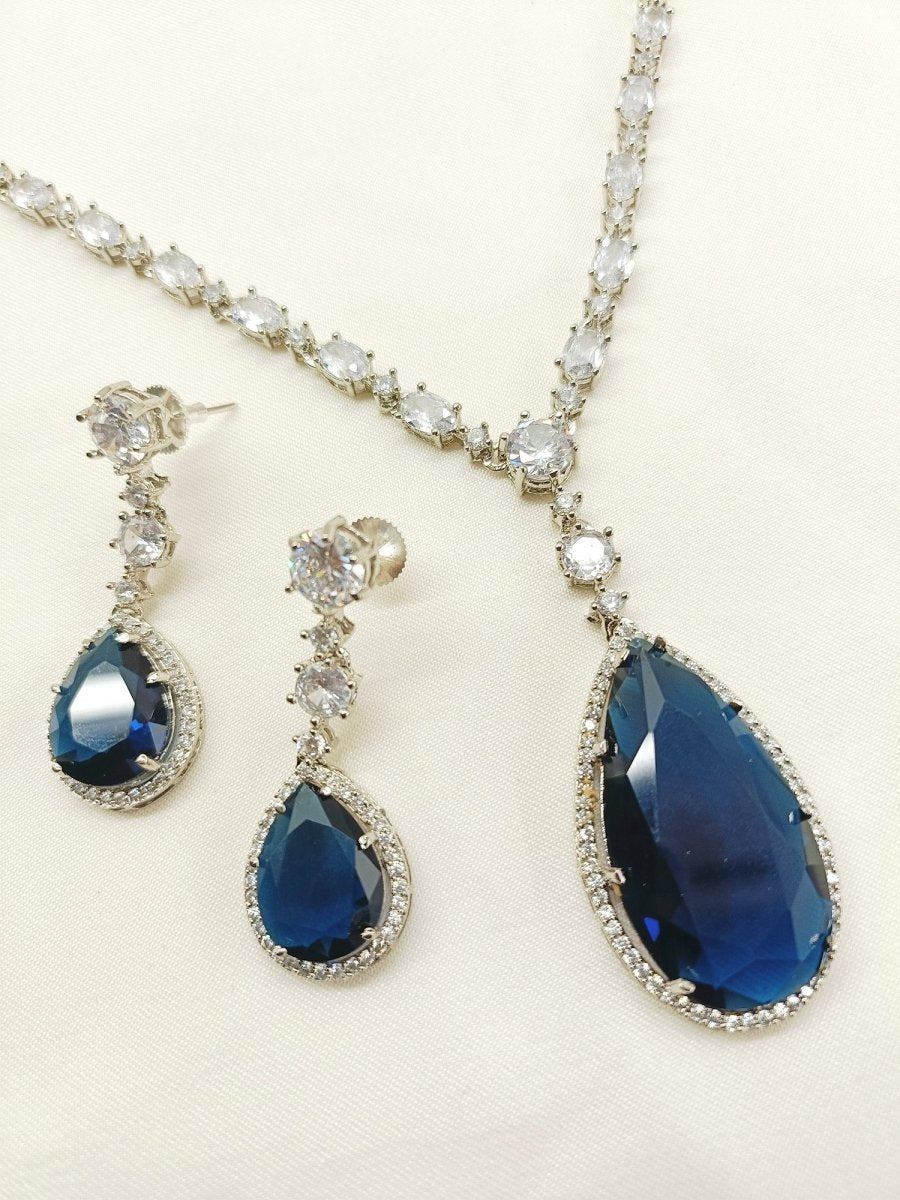 Navika Navy Blue American Diamond Necklace Set - House of Sarvati LLC