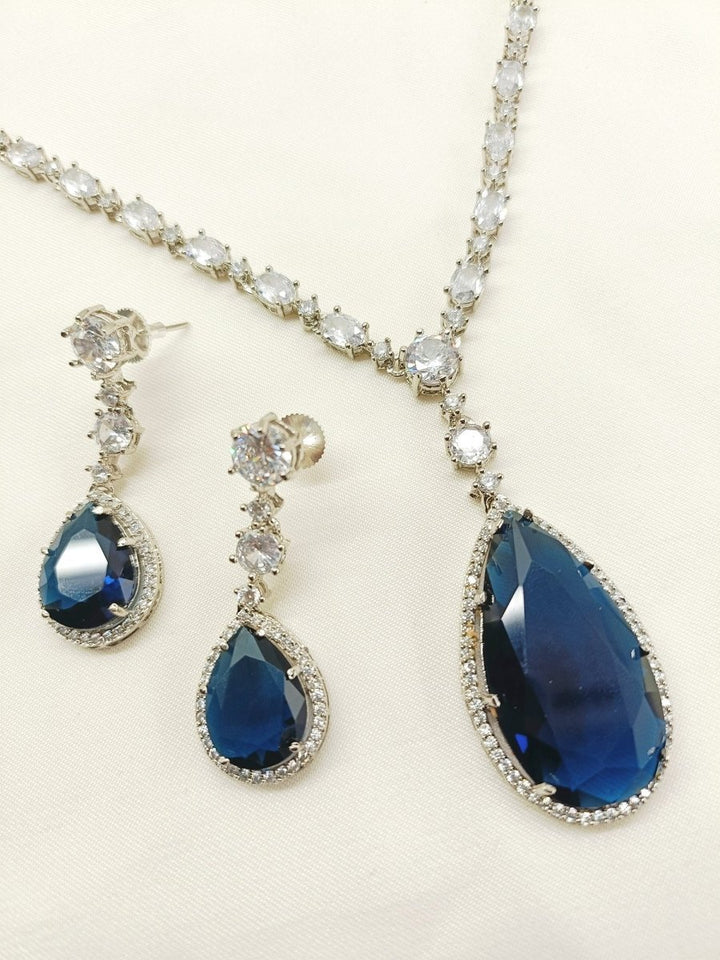 Navika Navy Blue American Diamond Necklace Set - House of Sarvati LLC