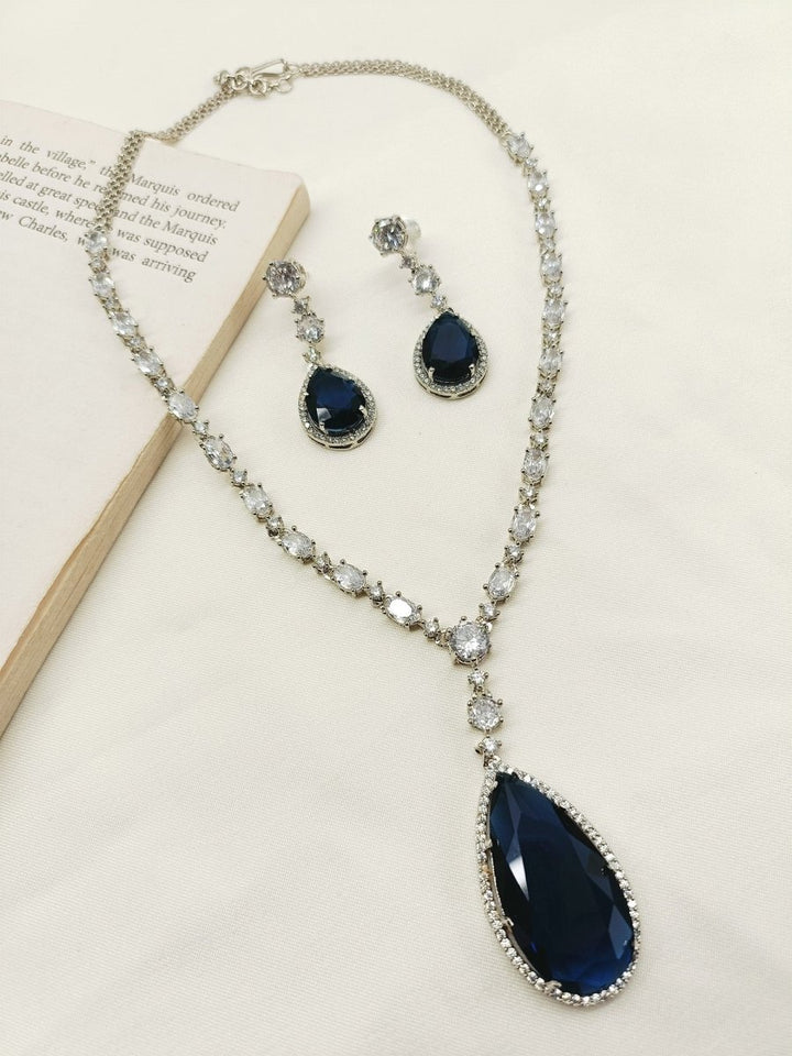 Navika Navy Blue American Diamond Necklace Set - House of Sarvati LLC