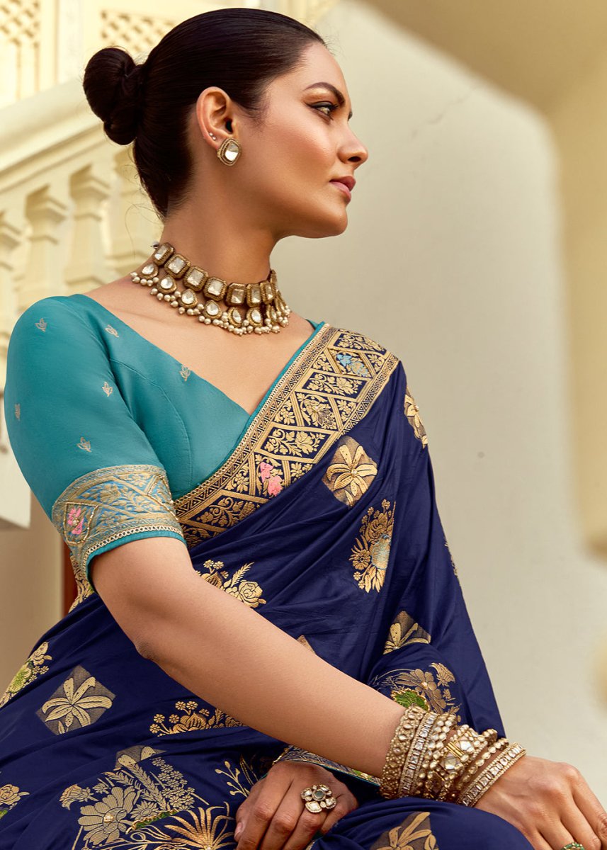 Navy Blue Dola Silk Saree Featuring Zari Weave And Intricate Handwork With Cut Dana - House of Sarvati LLC