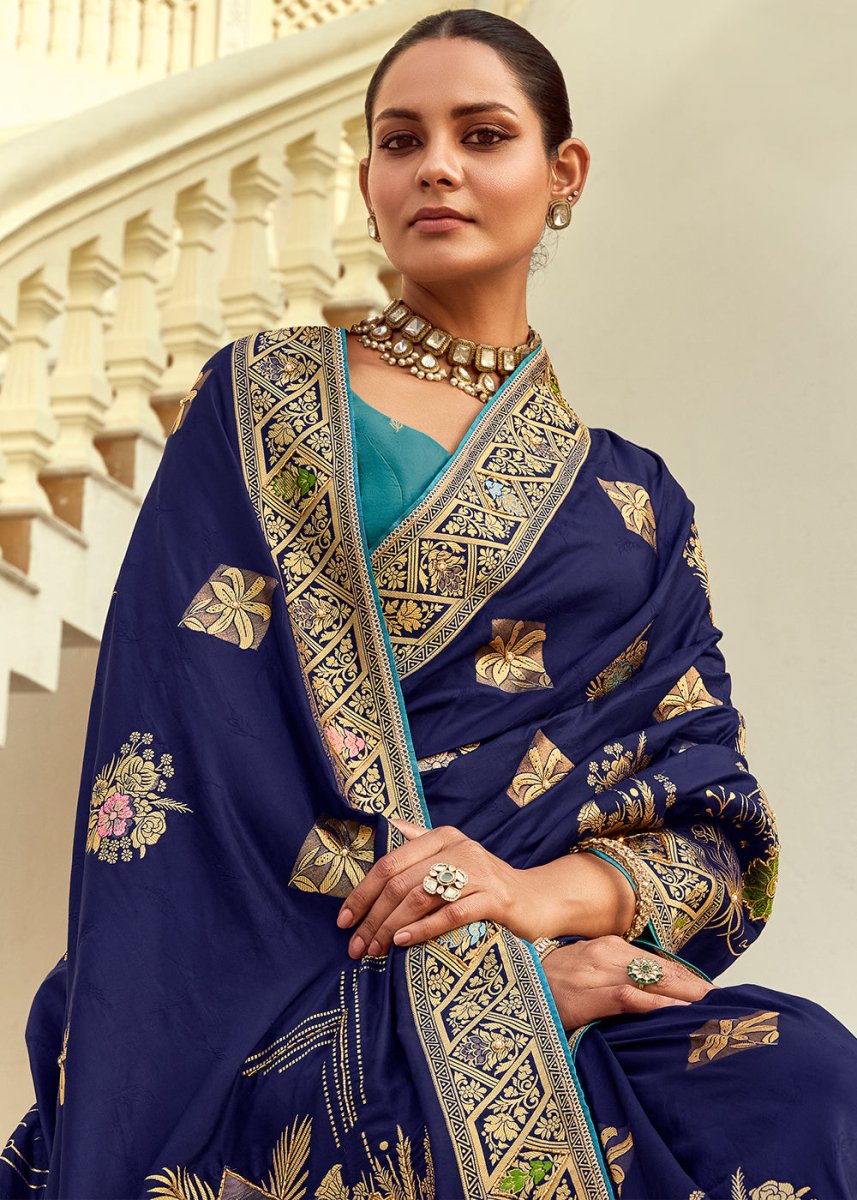Navy Blue Dola Silk Saree Featuring Zari Weave And Intricate Handwork With Cut Dana - House of Sarvati LLC