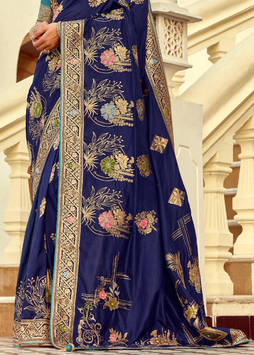 Navy Blue Dola Silk Saree Featuring Zari Weave And Intricate Handwork With Cut Dana - House of Sarvati LLC
