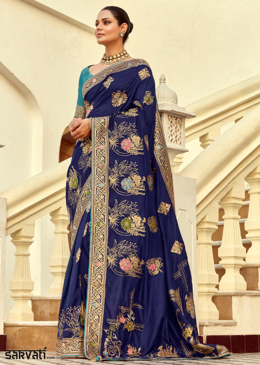 Navy Blue Dola Silk Saree Featuring Zari Weave And Intricate Handwork With Cut Dana - House of Sarvati LLC
