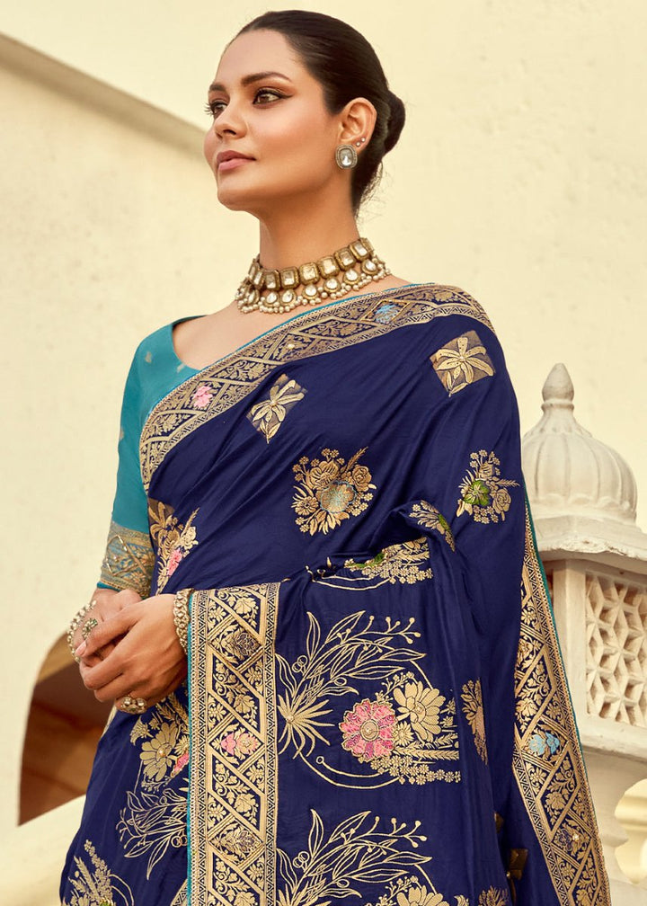 Navy Blue Dola Silk Saree Featuring Zari Weave And Intricate Handwork With Cut Dana - House of Sarvati LLC